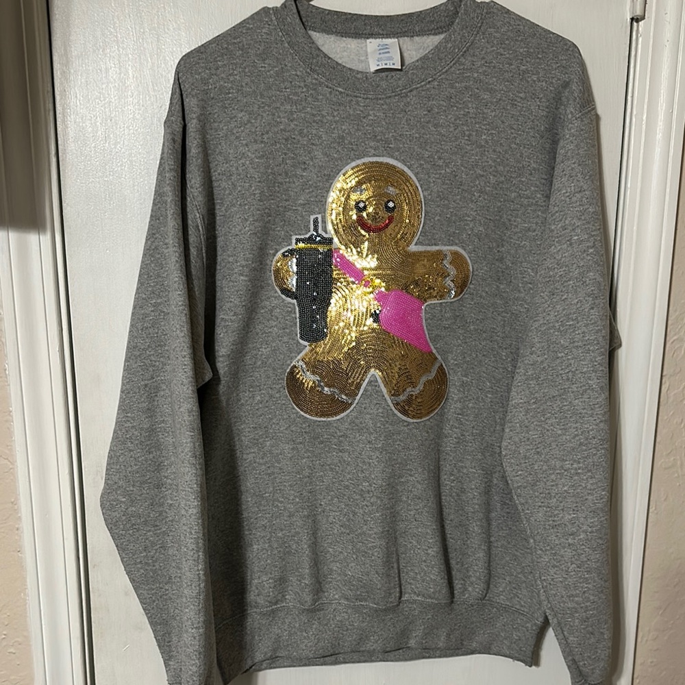 Gray Sweatshirt with Sequin Gingerbread Design